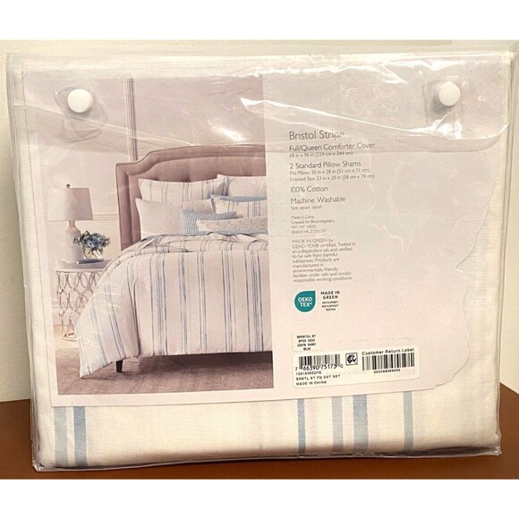 NIP $350 Bloomingdale's SKY Full/Queen Duvet Cover Set Bristol Stripe Blue White - Picture 6 of 9